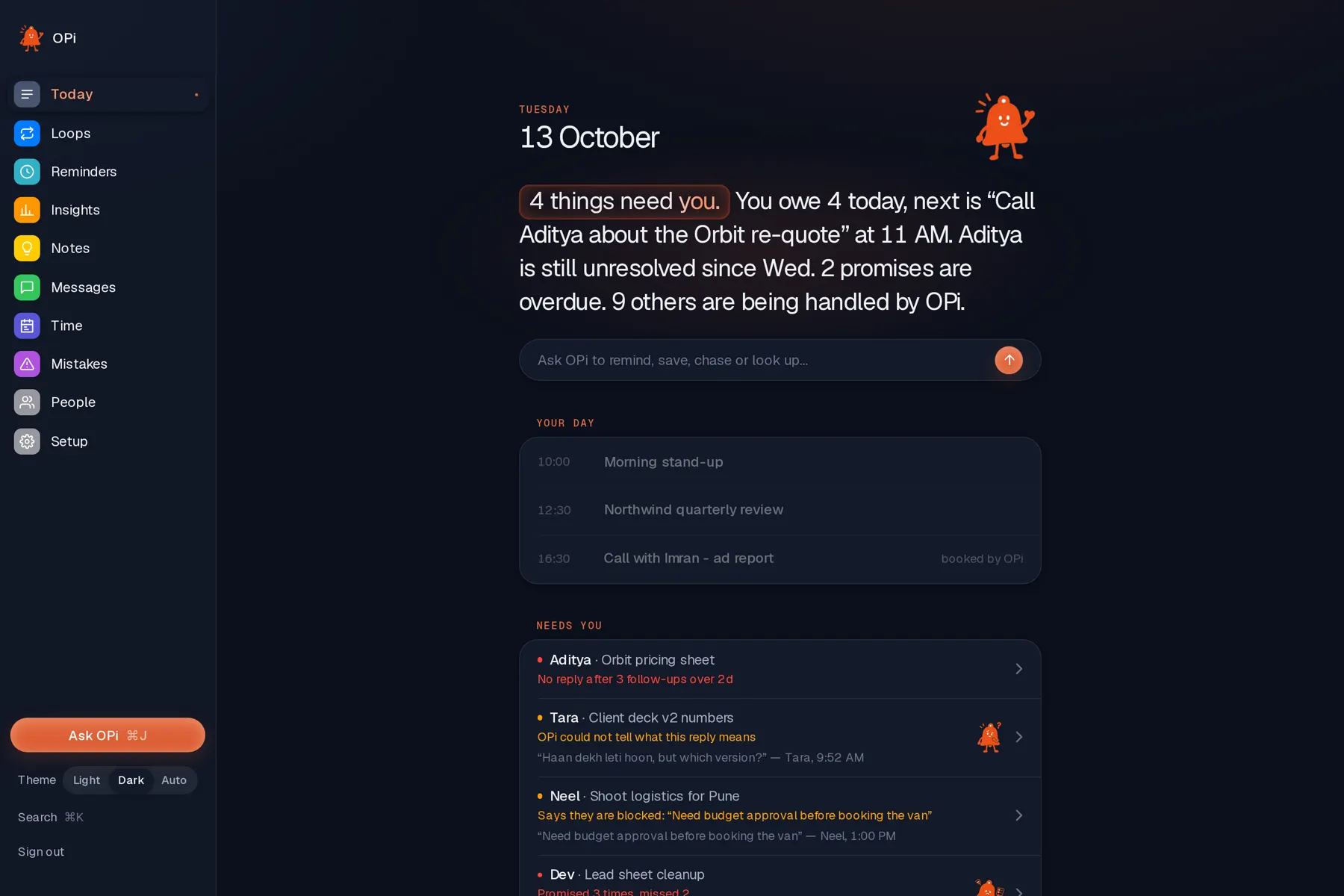 OPi dashboard, Today page, dark theme