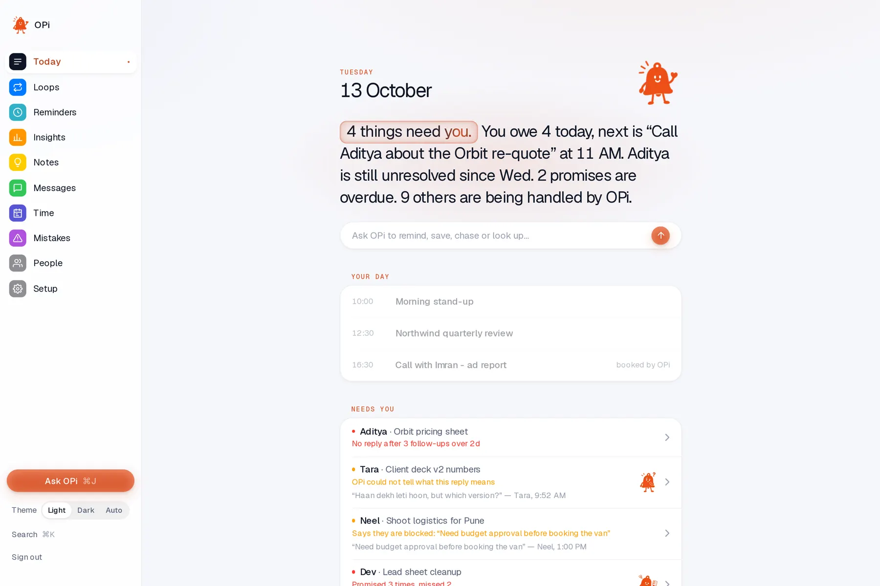 OPi dashboard, Today page, light theme